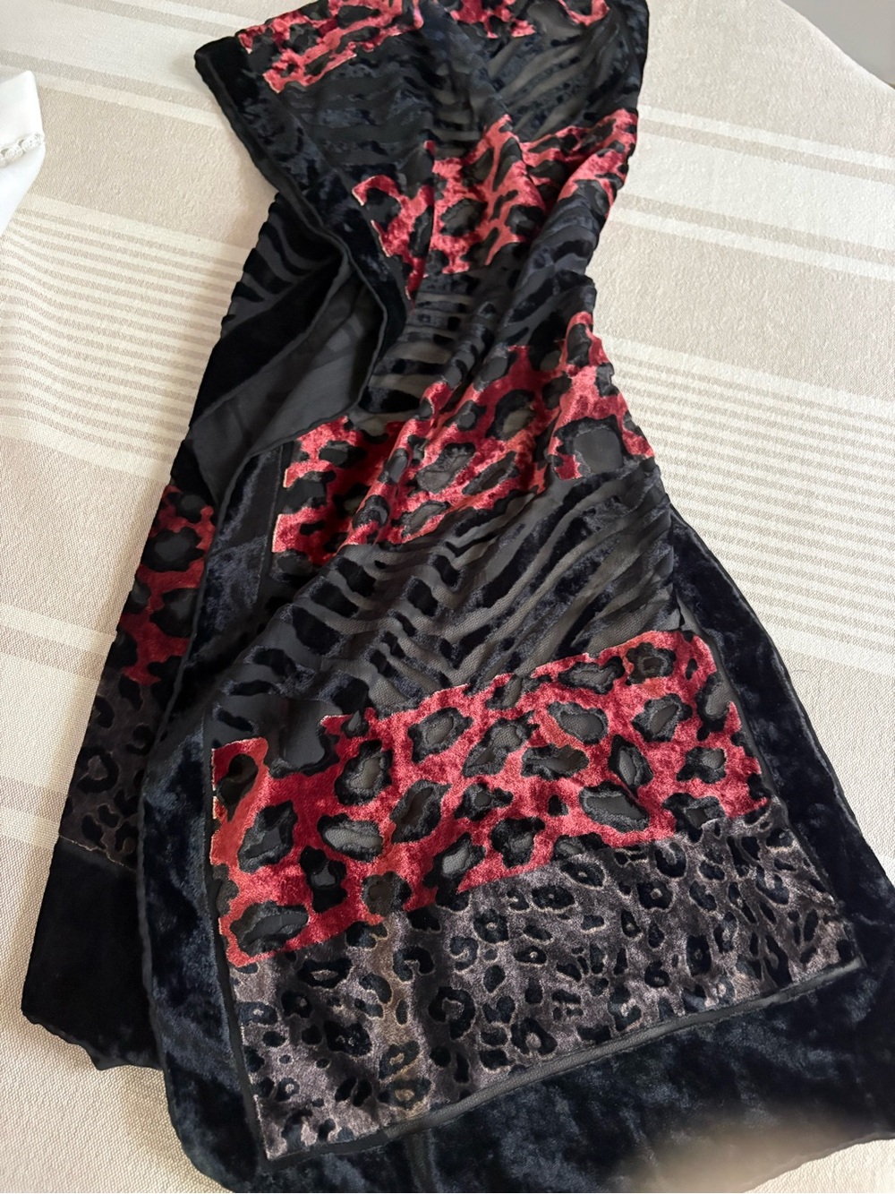 Vintage Velvet Animal Print Burn Out Scarf in Black and Red Velvet Rectagulat